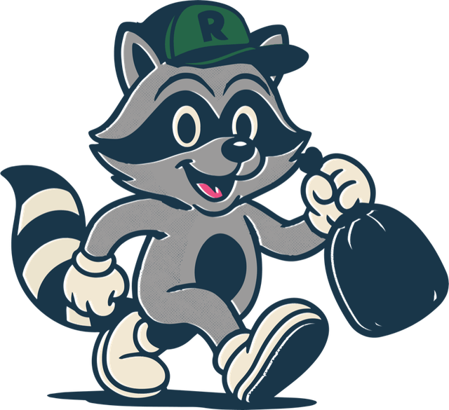 Rocky, the raccoon mascot, carrying a trash bag