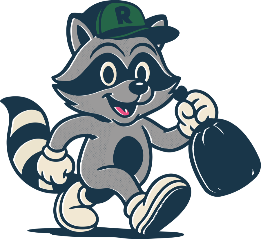 Rocky, the raccoon mascot, carrying a trash bag