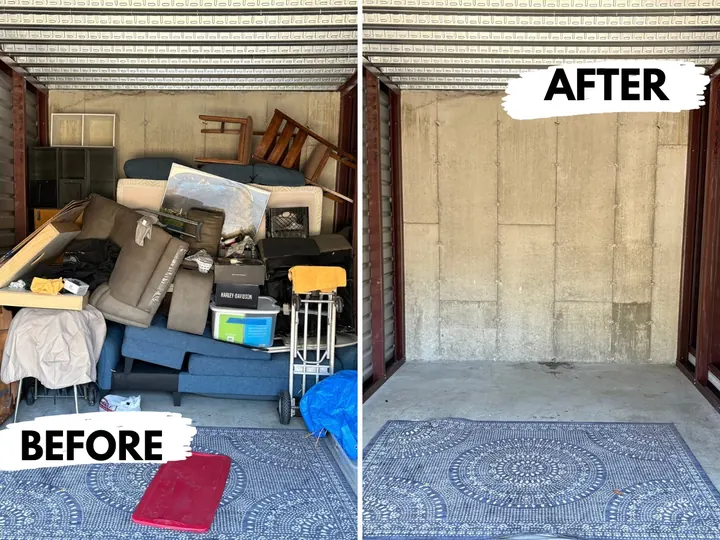Andover, MA storage unit stacked with a sectional, mattress, chairs, and bins before Rocky's cleanout, and the same unit empty after