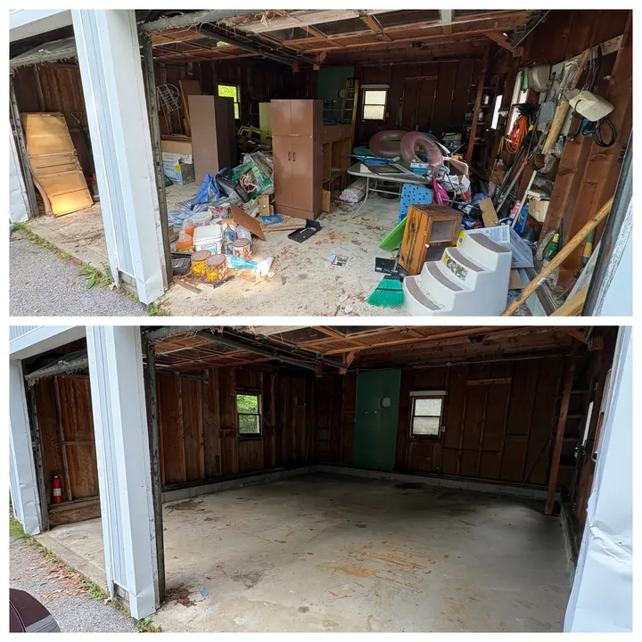 Methuen, MA garage packed with cabinets, boxes, and household junk before Rocky's cleanout, and the same garage empty and swept after