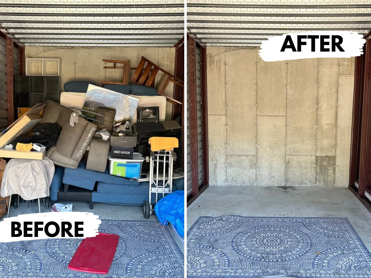 Before and after of a Windham, NH storage unit: packed with furniture and bins, then completely empty after Rocky's Junk Removal cleared it